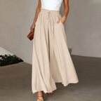 Linen Pants Women Full Flowing Leg | High Drawstring and Deep Pockets – Beige #colour_beige
