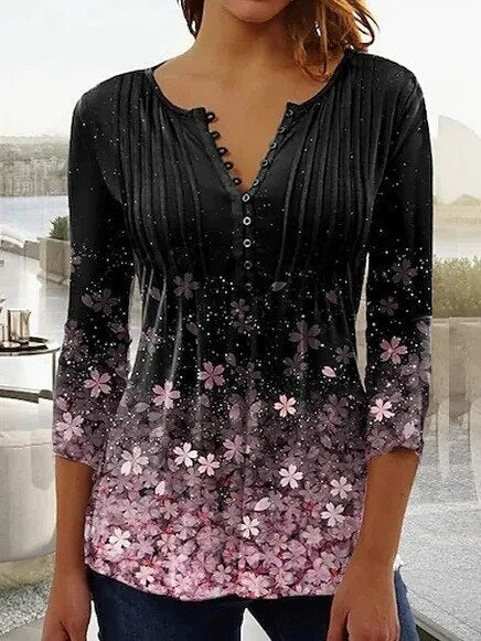 T Shirt Women Floral Print Tunic | Button Placket and Pin Tucks in Black#colour_black