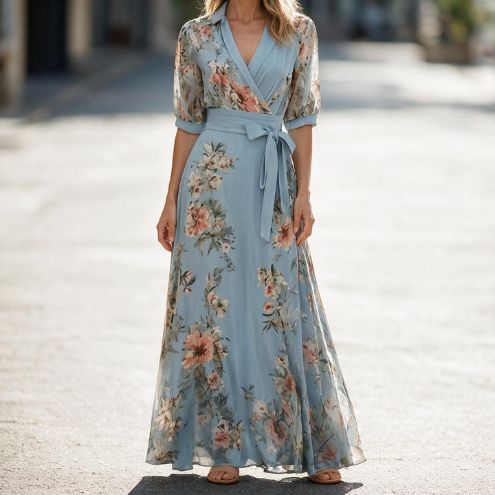 Wrap Maxi Dress Women | Soft Floral Puff Sleeves#colour_blue