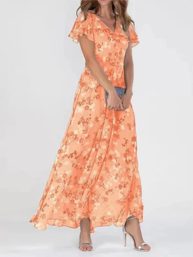 Summer Dress Women Flutter Sleeves | Fine Floral on Woven Chiffon – Orange #colour_orange
