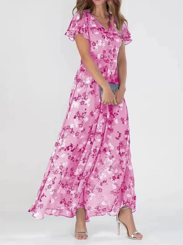 Summer Dress Women Flutter Sleeves | Fine Floral on Woven Chiffon – Pink #colour_pink