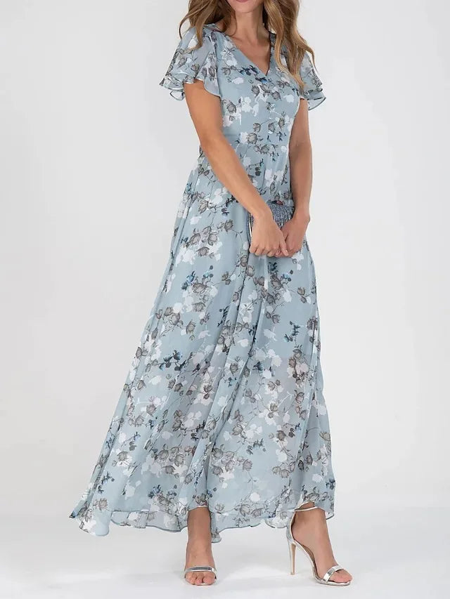 Summer Dress Women Flutter Sleeves | Fine Floral on Woven Chiffon – Blue #colour_blue
