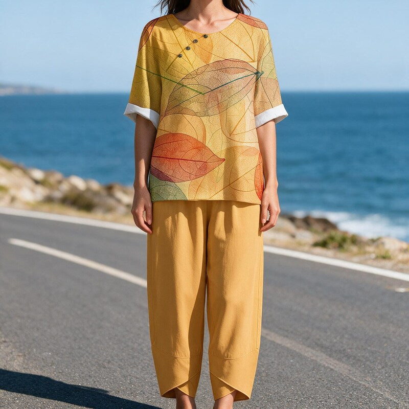 Two Piece Women Leaf Print Top | Tapered Trousers and Short Sleeves in Yellow#colour_yellow