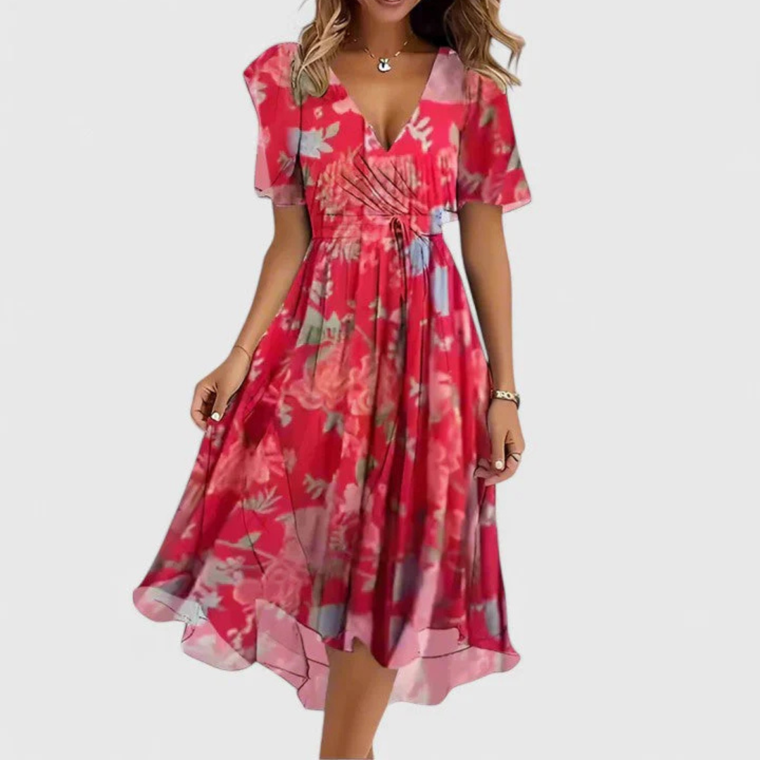 Midi Dress Women Handkerchief Hem | Breezy Floral Flutter Sleeve – Red #colour_red