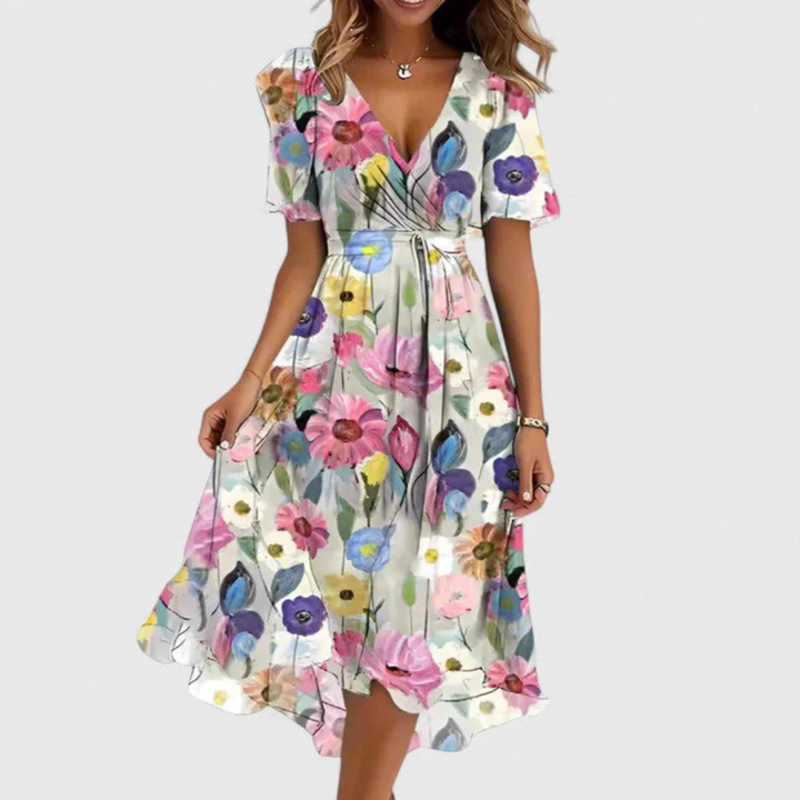 Midi Dress Women Handkerchief Hem | Breezy Floral Flutter Sleeve – Cream #colour_cream