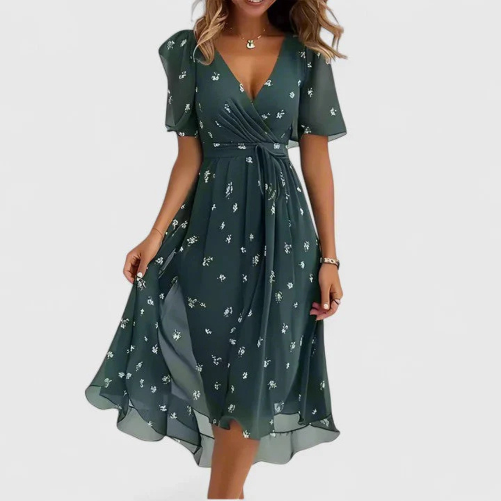 Midi Dress Women Handkerchief Hem | Breezy Floral Flutter Sleeve – Green #colour_green