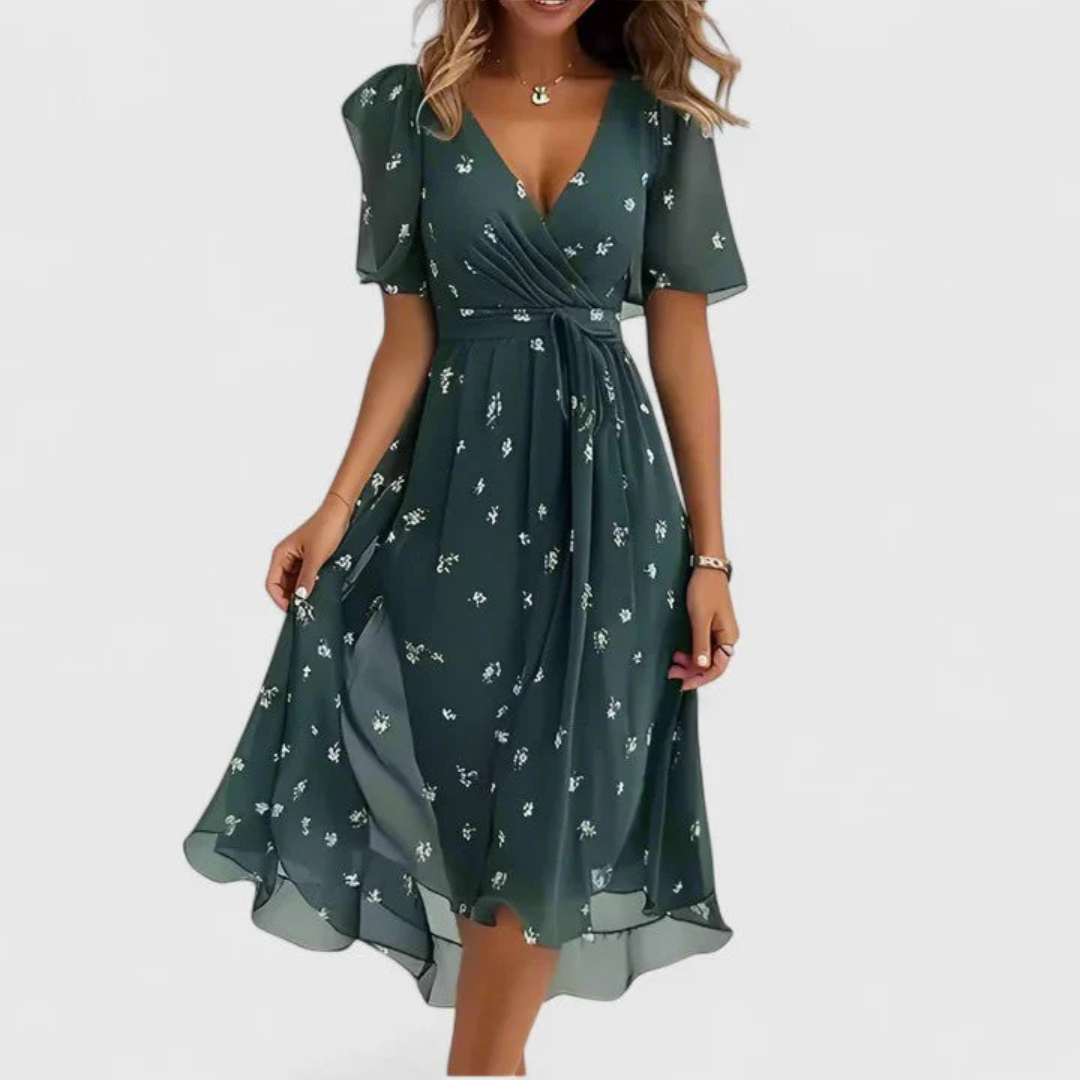 Midi Dress Women Handkerchief Hem | Breezy Floral Flutter Sleeve – Green #colour_green