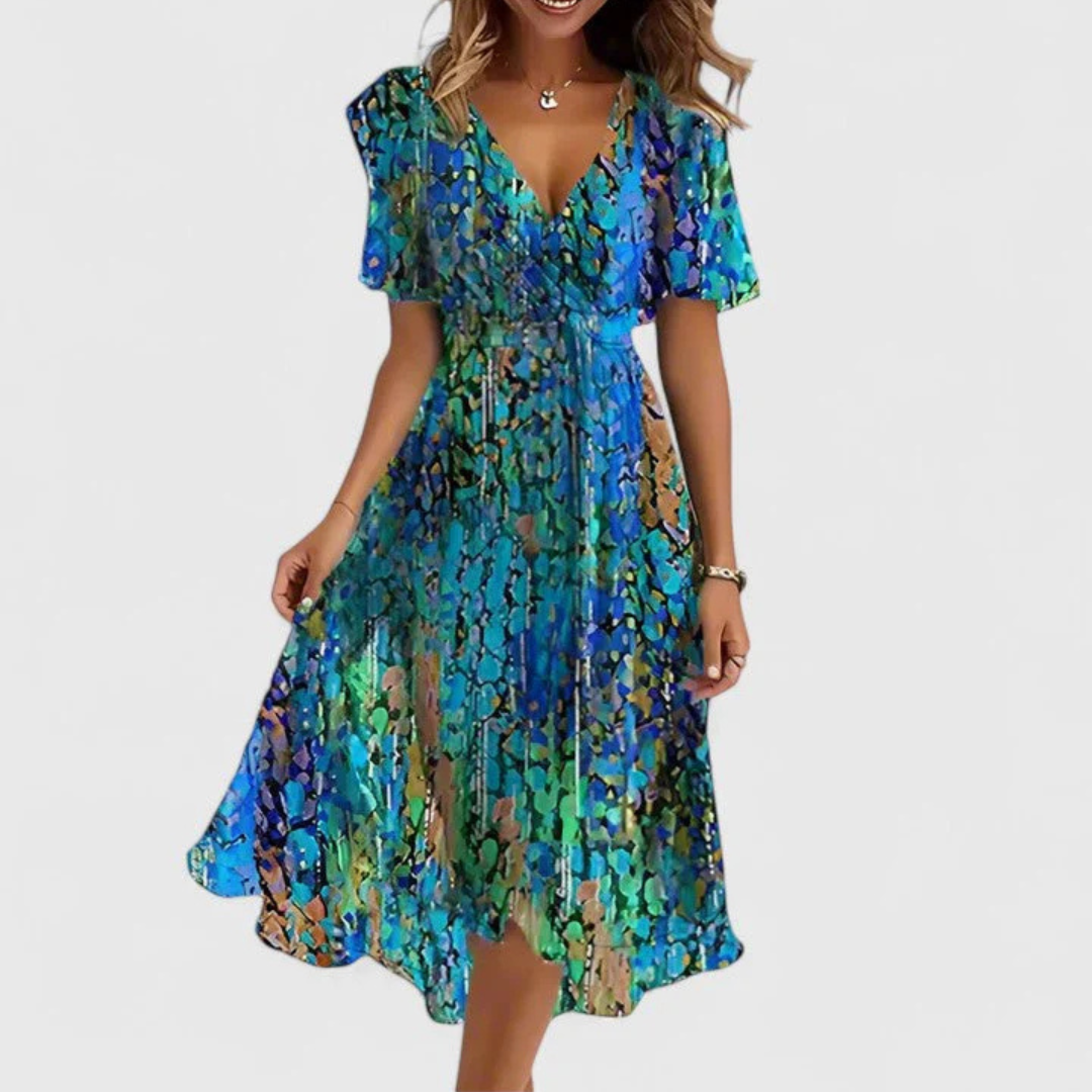 Midi Dress Women Handkerchief Hem | Breezy Floral Flutter Sleeve – Blue #colour_blue