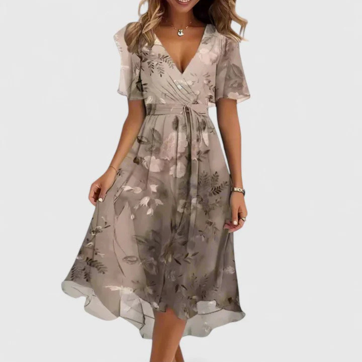 Midi Dress Women Handkerchief Hem | Breezy Floral Flutter Sleeve – Brown #colour_brown