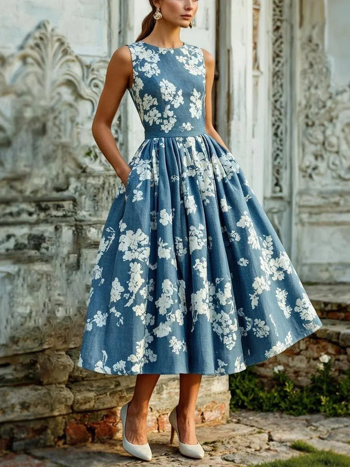 Midi Dress Women Floral Print | Elegant Sleeveless Full Skirt – Blue #colour_blue