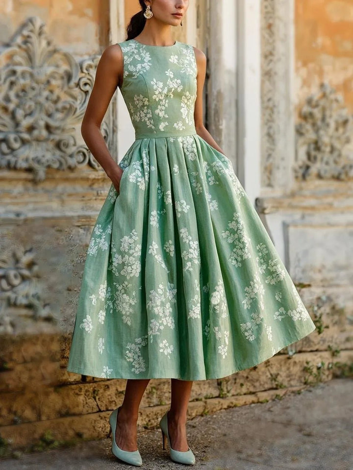 Midi Dress Women Floral Print | Elegant Sleeveless Full Skirt – Sage #colour_sage