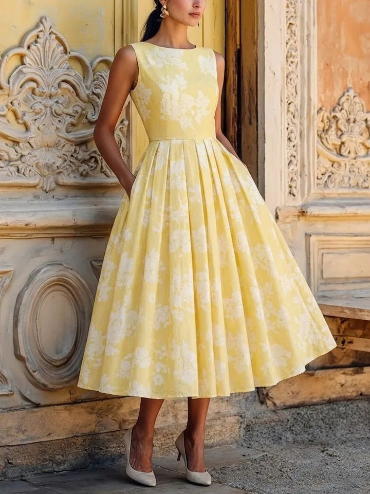 Midi Dress Women Floral Print | Elegant Sleeveless Full Skirt – Yellow #colour_yellow