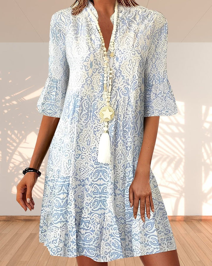 Mini Dress Women Paisley Print | Breezy Tiered Three Quarter Sleeve – Blue #colour_blue