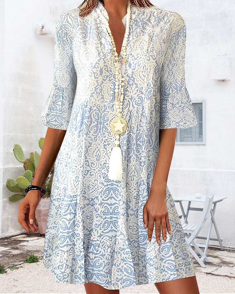 Mini Dress Women Paisley Print | Breezy Tiered Three Quarter Sleeve – Blue #colour_blue