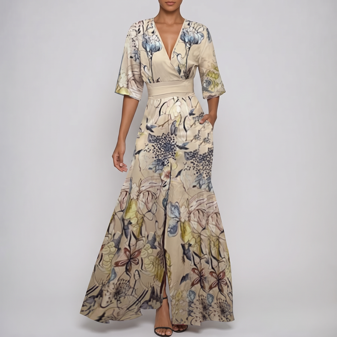 Wrap Dress Women Belted Waist | Soft Floral and Half Sleeves – Beige #colour_beige