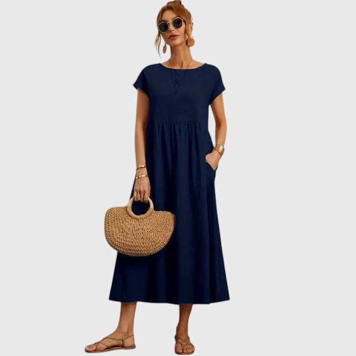 Midi Dress Women Round Neck Tiered | Relaxed Short Sleeve with Pockets – Navy #colour_navy