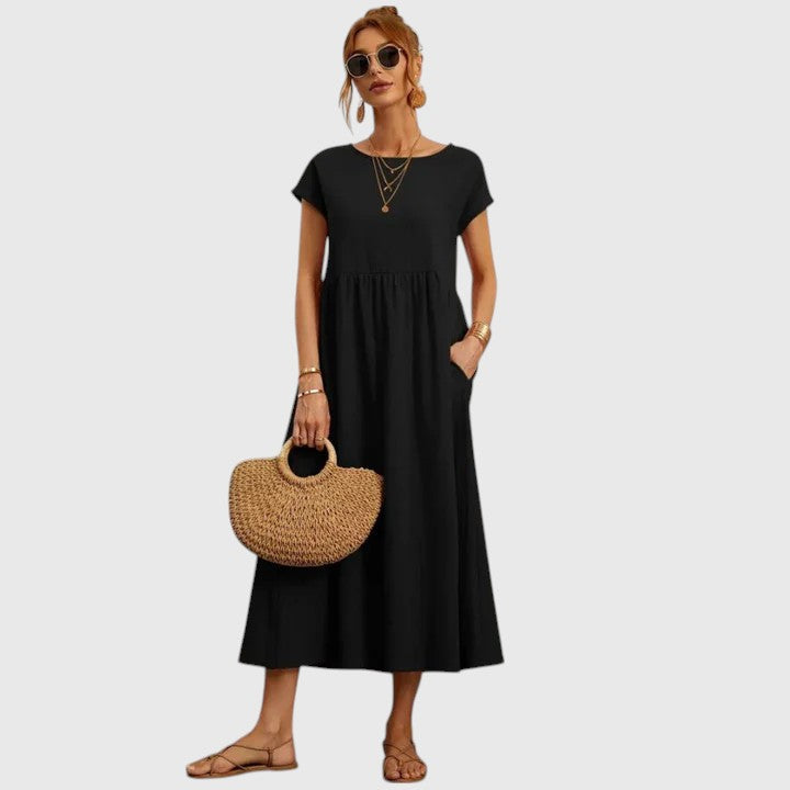 Midi Dress Women Round Neck Tiered | Relaxed Short Sleeve with Pockets – Black #colour_black