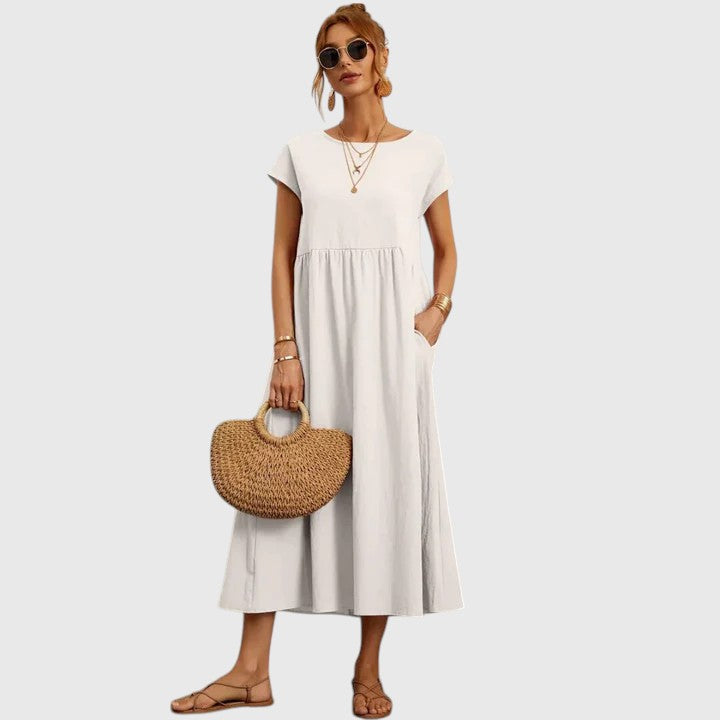 Midi Dress Women Round Neck Tiered | Relaxed Short Sleeve with Pockets – Cream #colour_cream