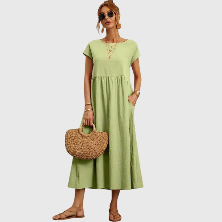 Midi Dress Women Round Neck Tiered | Relaxed Short Sleeve with Pockets – Sage #colour_sage