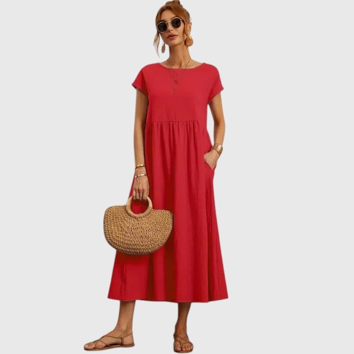 Midi Dress Women Round Neck Tiered | Relaxed Short Sleeve with Pockets – Red #colour_red