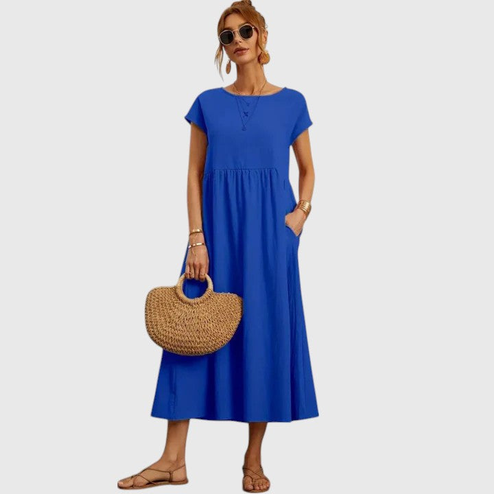 Midi Dress Women Round Neck Tiered | Relaxed Short Sleeve with Pockets – Blue #colour_blue