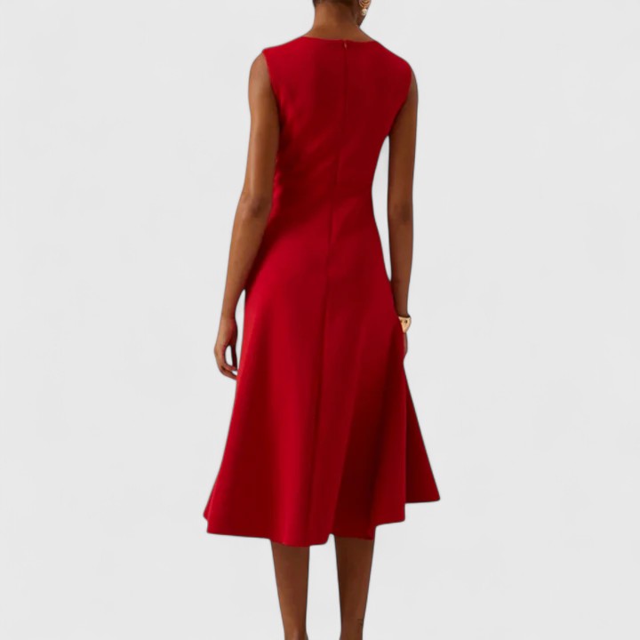 Midi Dress Women Draped Satin | Elegant Sleeveless Asymmetric Skirt – Red #colour_red