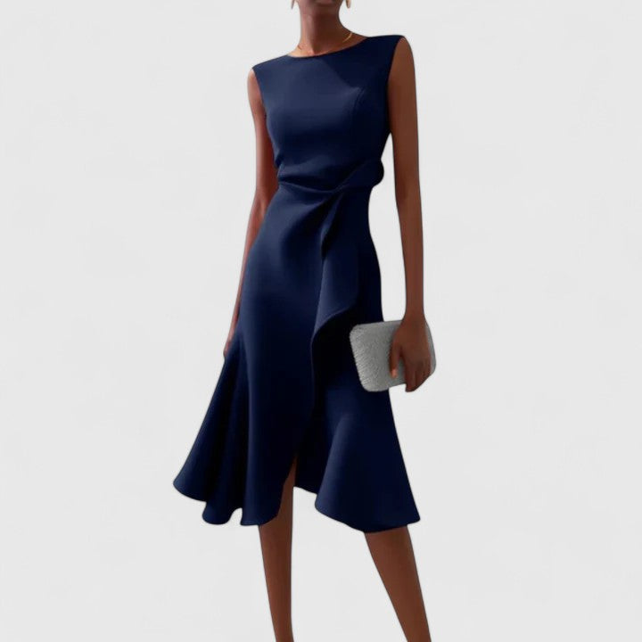 Midi Dress Women Draped Satin | Elegant Sleeveless Asymmetric Skirt – Navy #colour_navy