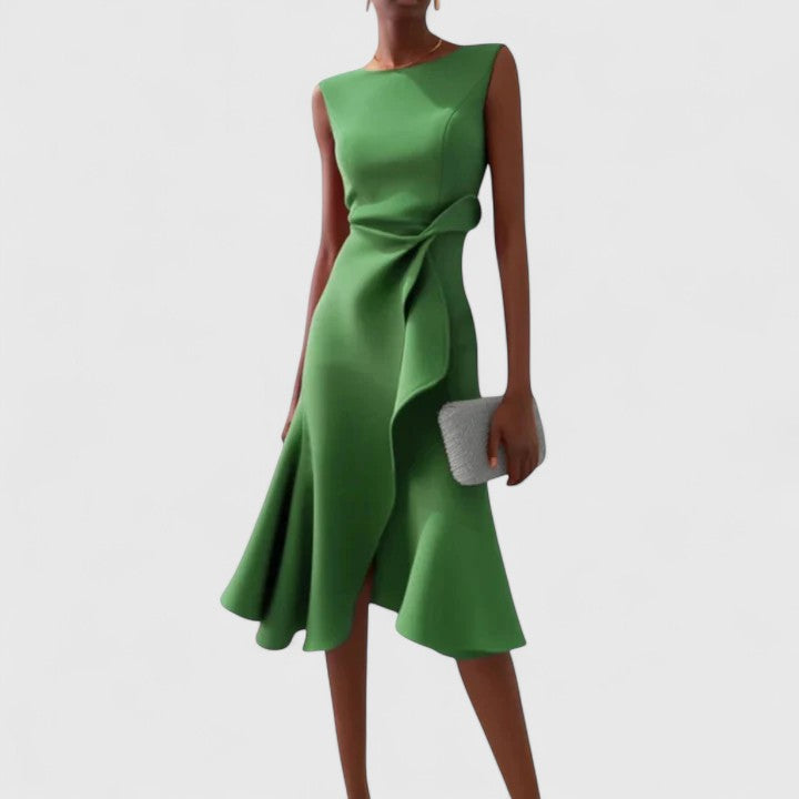 Midi Dress Women Draped Satin | Elegant Sleeveless Asymmetric Skirt – Green #colour_green