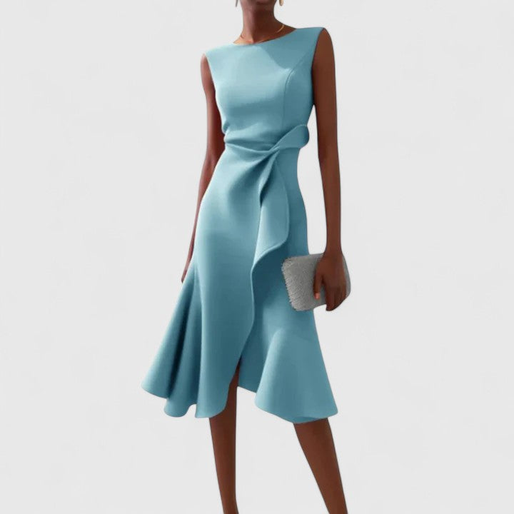 Midi Dress Women Draped Satin | Elegant Sleeveless Asymmetric Skirt – Light Blue #colour_light-blue