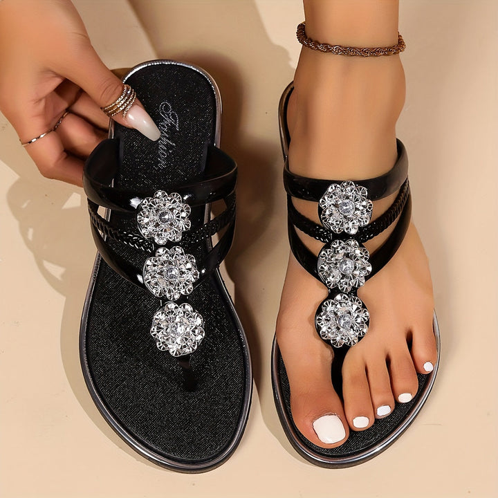 Flat Sandals Women Crystal Embellishment | Elegant Toe Post Design – Black #colour_black