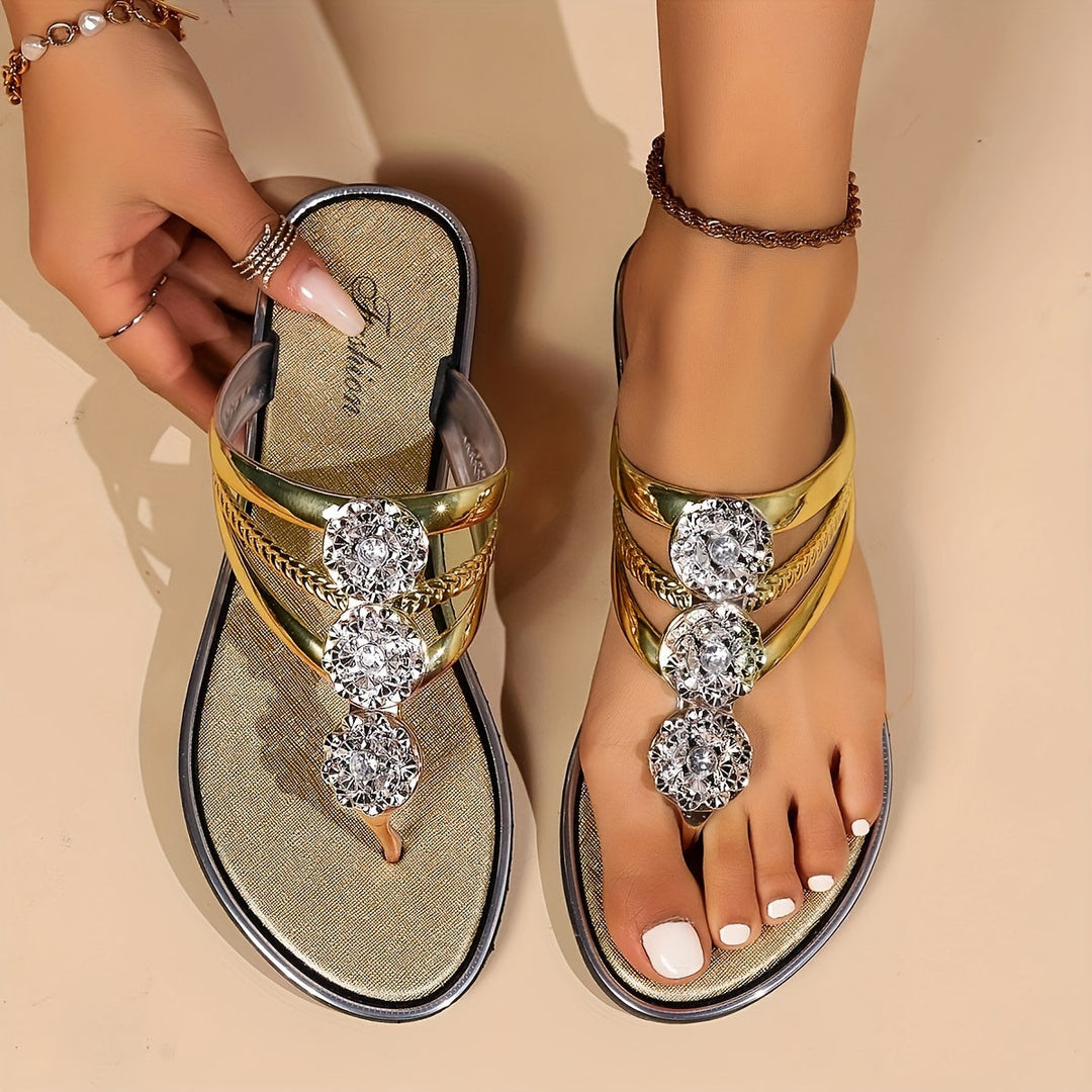 Flat Sandals Women Crystal Embellishment | Elegant Toe Post Design – Gold #colour_gold