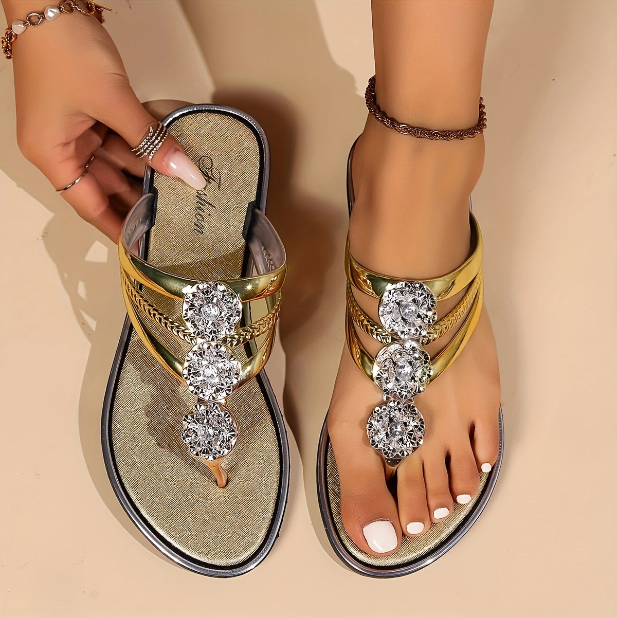 Flat Sandals Women Crystal Embellishment | Elegant Toe Post Design – Gold #colour_gold