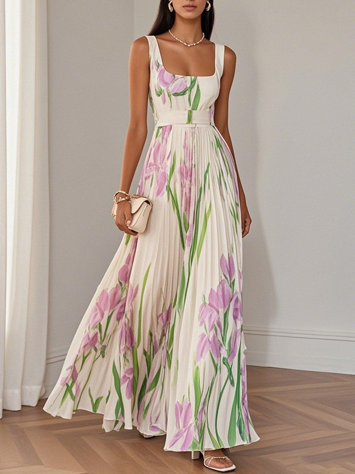 Summer Dress Women Tulip Print | Square Neck and Pleated Skirt – Pink #colour_pink
