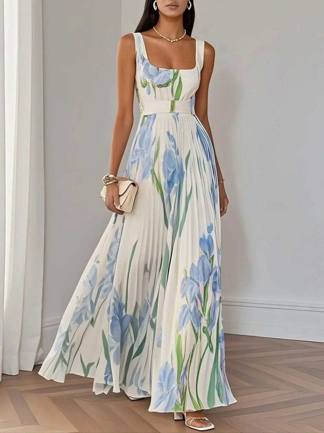 Summer Dress Women Tulip Print | Square Neck and Pleated Skirt – Light Blue #colour_light-blue
