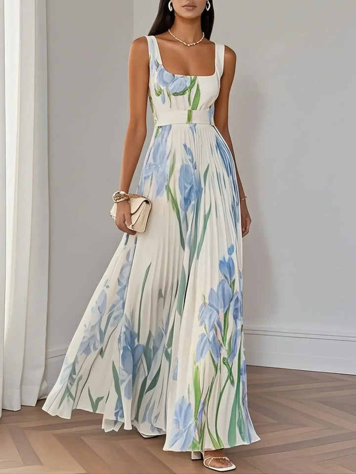 Summer Dress Women Tulip Print | Square Neck and Pleated Skirt – Light Blue #colour_light-blue