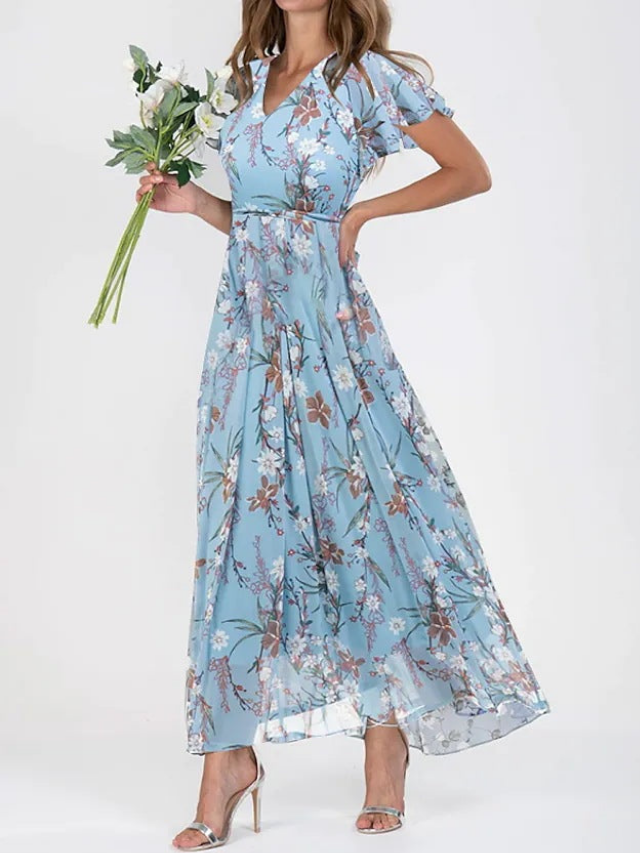 Summer Dress Women Flutter Sleeves | Fine Floral on Woven Chiffon – Light Blue #colour_light-blue