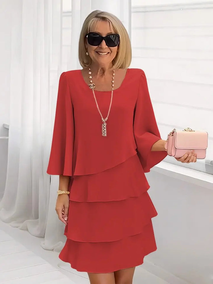 Mini Dress Women Ruffle Tiers | Elegant Three Quarter Sleeve – Red #colour_red