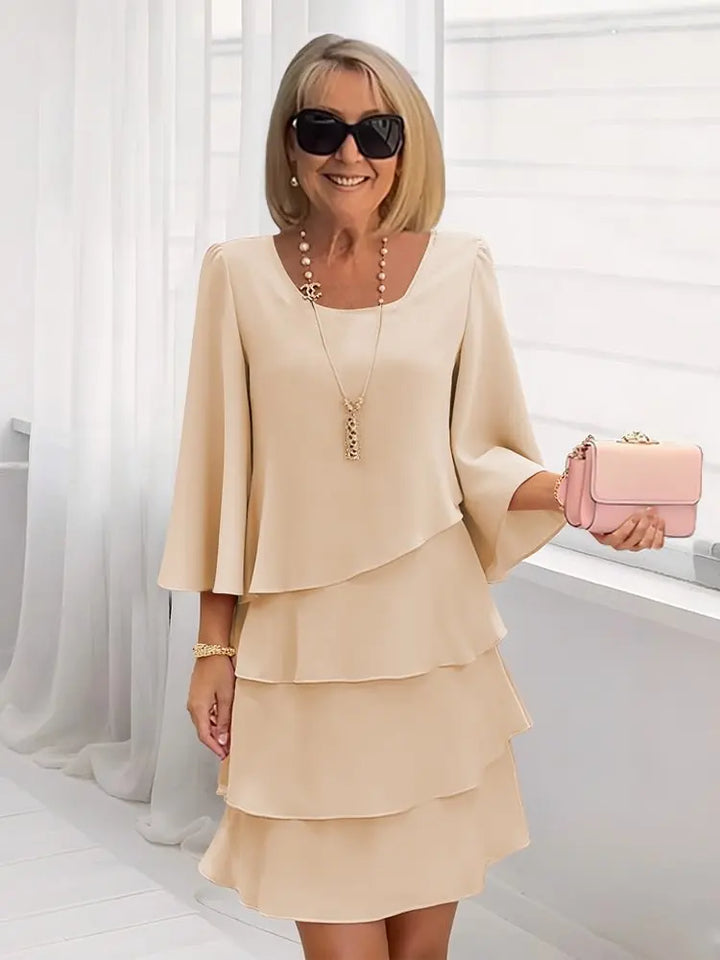 Mini Dress Women Ruffle Tiers | Elegant Three Quarter Sleeve – Beige #colour_beige