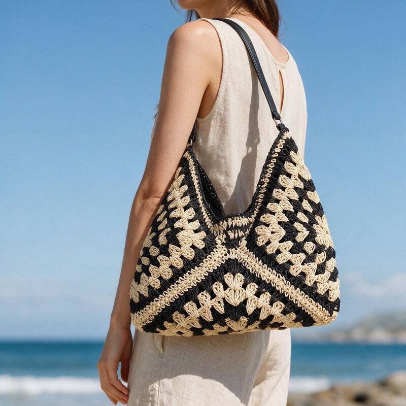 Shoulder Bag Women Crocheted Granny Square | Slouchy Hobo with Leather Handle in Black#colour_black