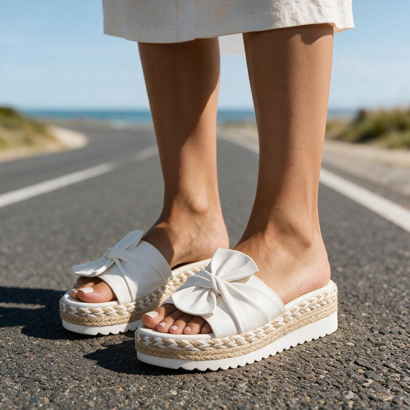 Slide Sandals Women Knotted Bow Upper | Jute Wrapped Flatform Sole in White#colour_white