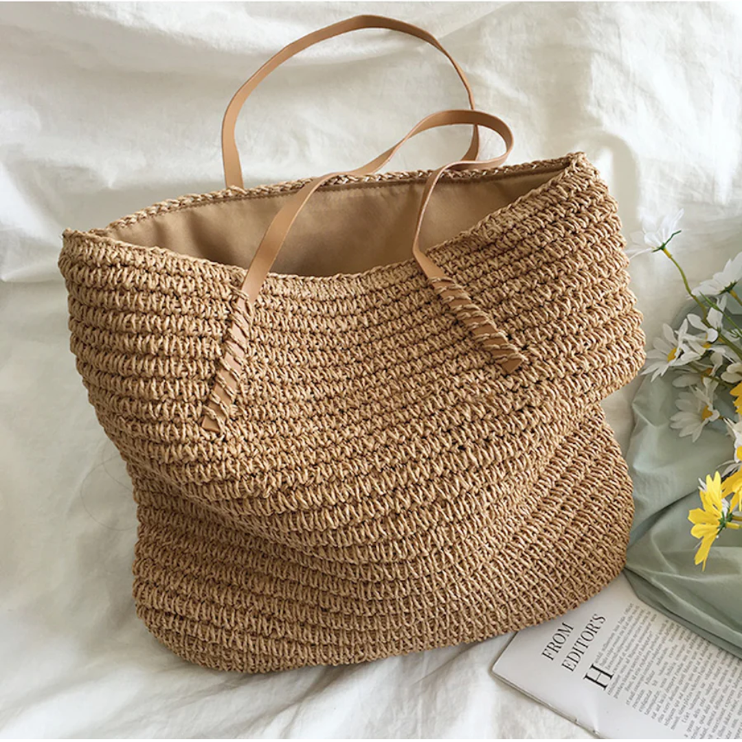 Handbag Women Straw Beach Tote | Woven Drawstring Top in Brown#colour_brown
