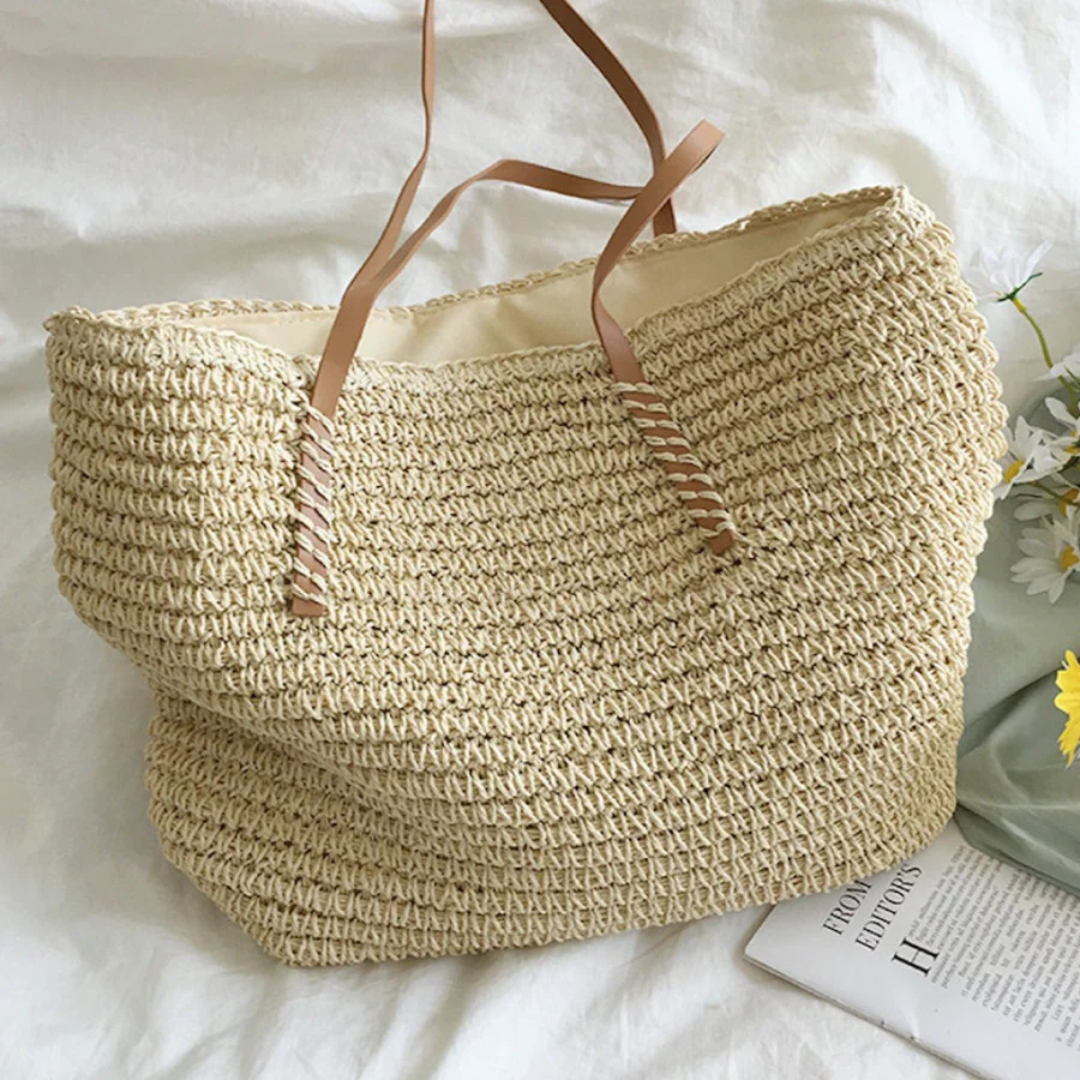 Handbag Women Straw Beach Tote | Woven Drawstring Top in White#colour_white