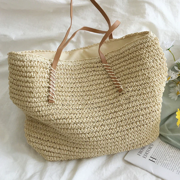 Handbag Women Straw Beach Tote | Woven Drawstring Top in White#colour_white