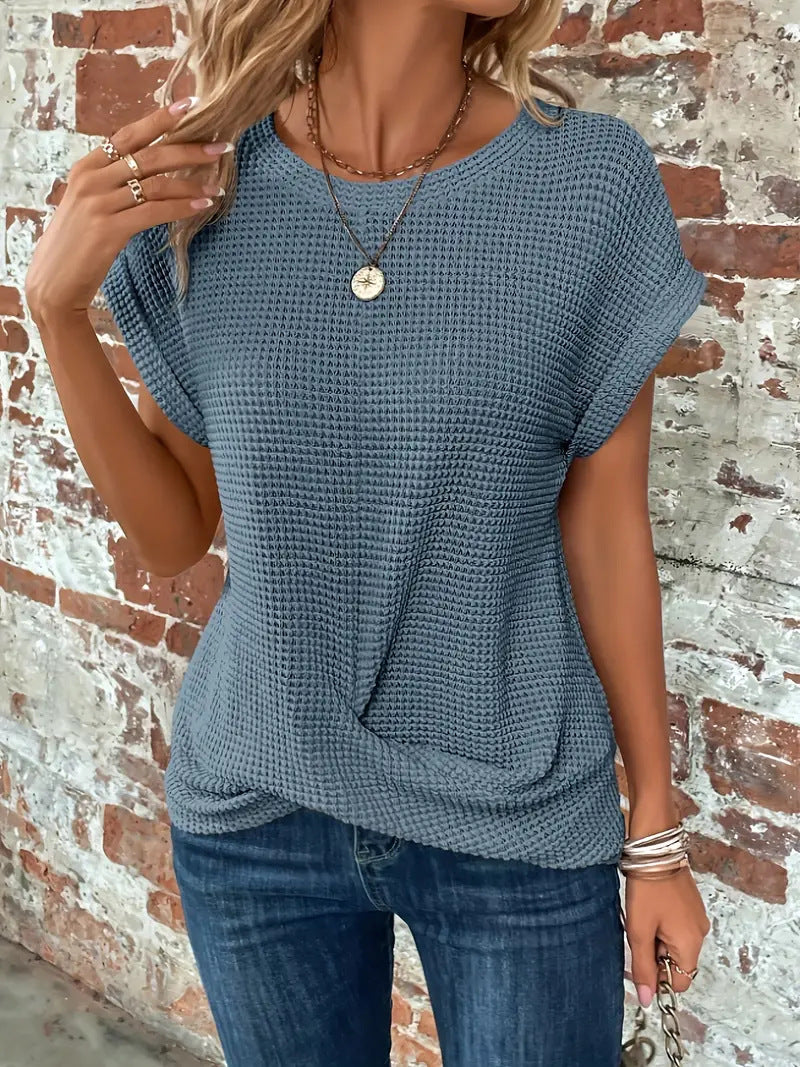 T Shirt Women Waffle Textured Knit | Twisted Front Hem and Dropped Shoulders in Blue#colour_blue