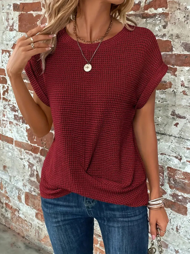 T Shirt Women Waffle Textured Knit | Twisted Front Hem and Dropped Shoulders in Burgundy#colour_burgundy