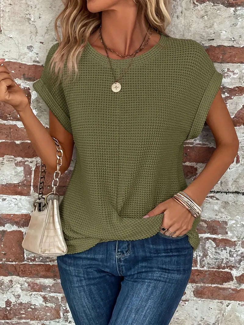 T Shirt Women Waffle Textured Knit | Twisted Front Hem and Dropped Shoulders in Green#colour_green