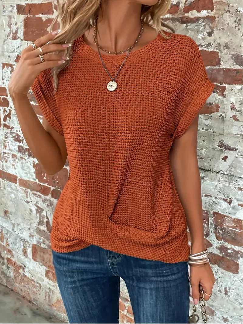 T Shirt Women Waffle Textured Knit | Twisted Front Hem and Dropped Shoulders in Orange#colour_orange