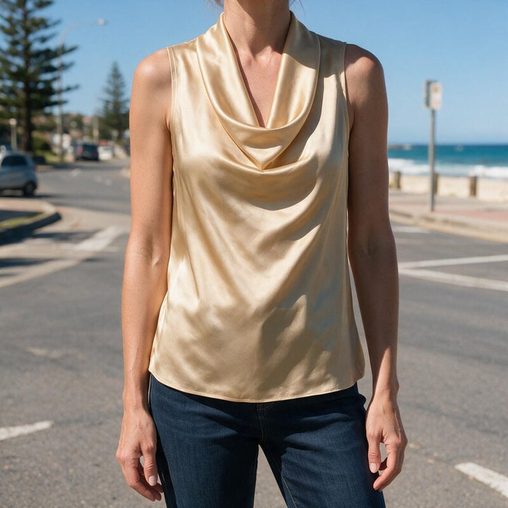 Top Women Cowl Neck Satin | Sleeveless Bias Cut Camisole#colour_gold