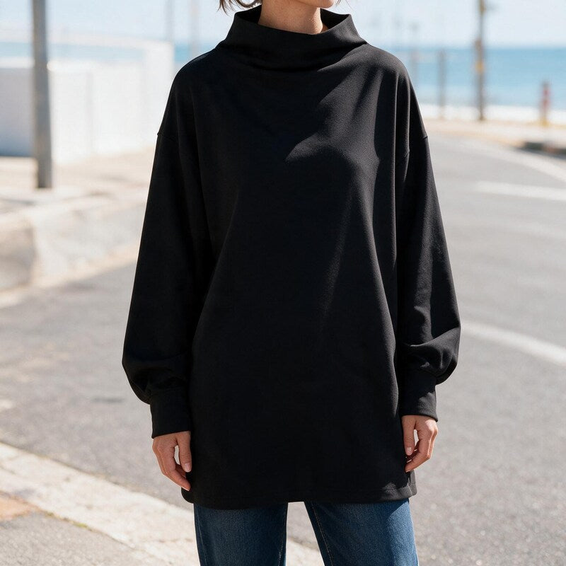 Top Women High Neck Long Sleeve | Draped Mock Collar and Dropped Shoulder#colour_black
