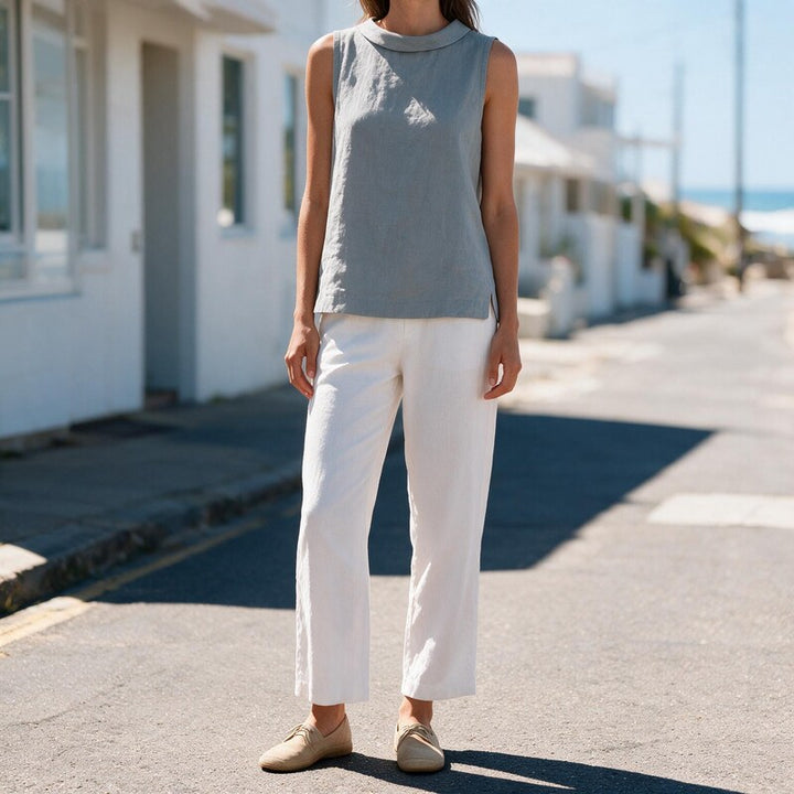 Top Women Sleeveless Roll Collar | Washed Linen Boxy Shell#colour_grey